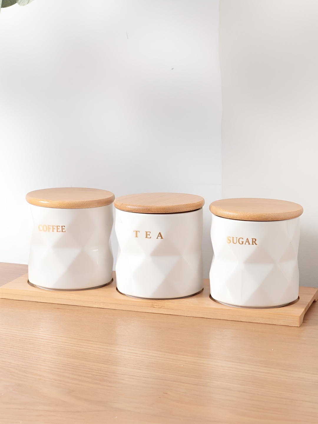 

The Better Home Set of 3 Ceramic Tea Coffee Sugar Jars With Bamboo Lids & Tray, White