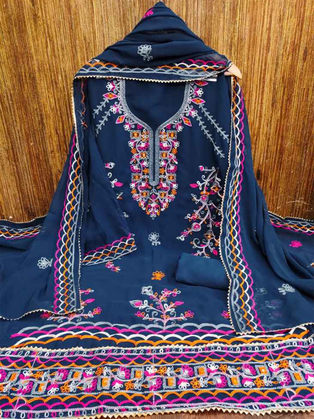 

faxofab Silk Georgette Ethnic Motifs Gotta Patti Unstitched Dress Material, Turquoise blue