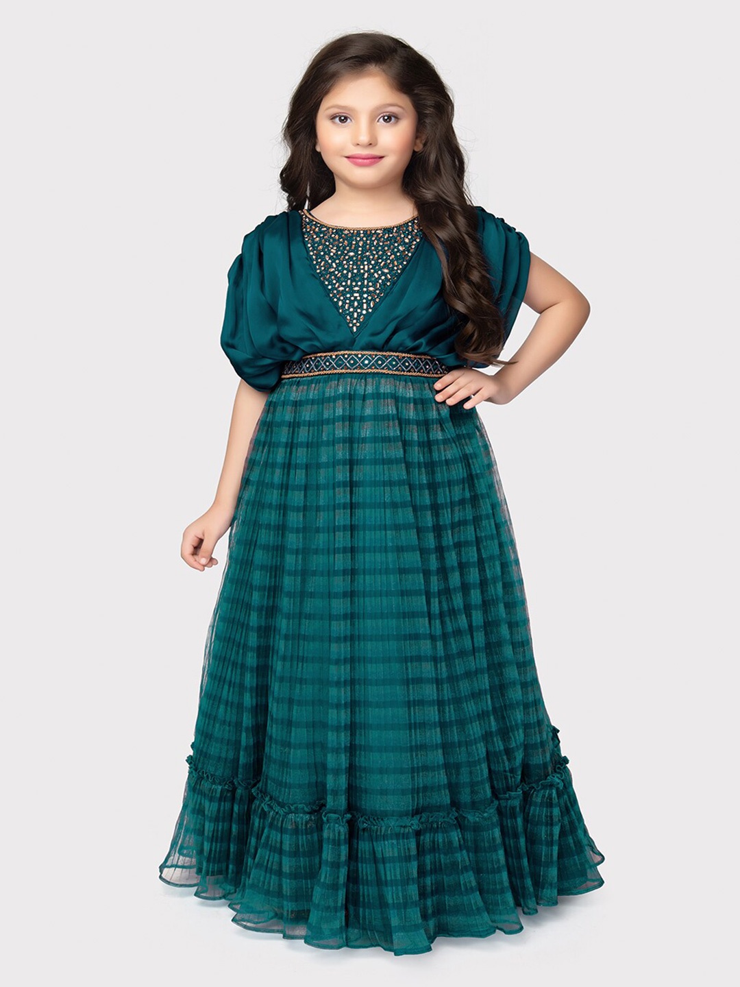 

BETTY Girls Geometric Printed Georgette Fit and Flare Maxi Dress, Blue