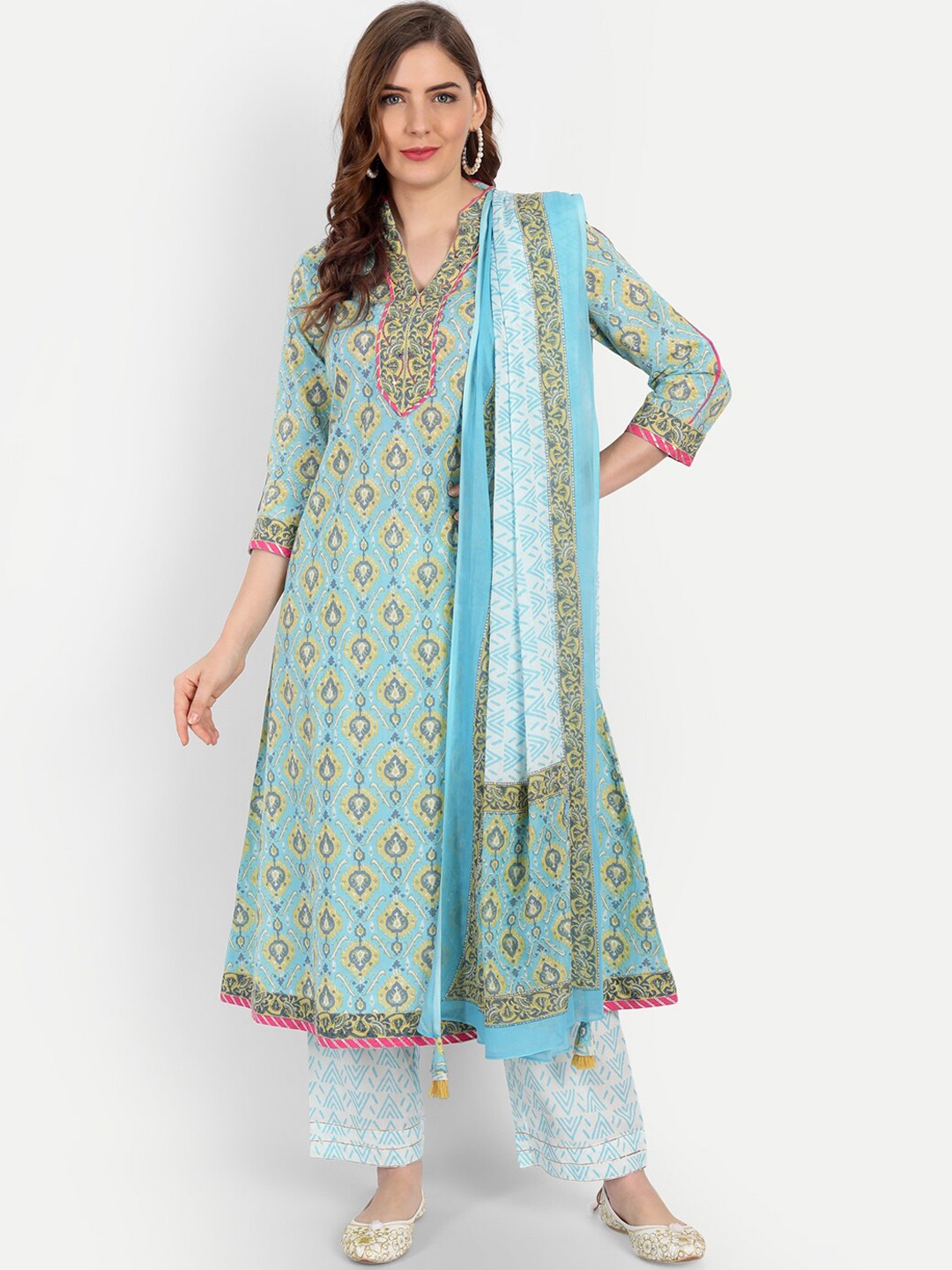 

SUTI Ethnic Motifs Printed Regular Pure Cotton Kurta with Trousers & With Dupatta, Blue