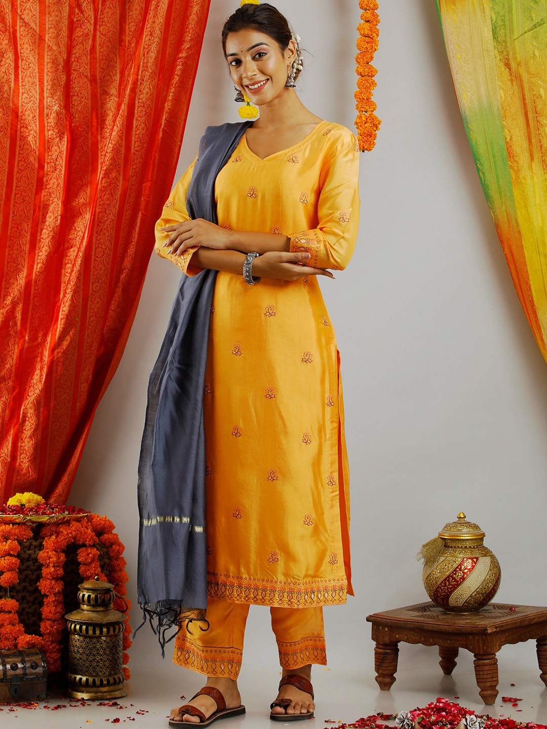 

SUTI Embroidered Regular Sequinned Kurta with Trousers & With Dupatta, Orange
