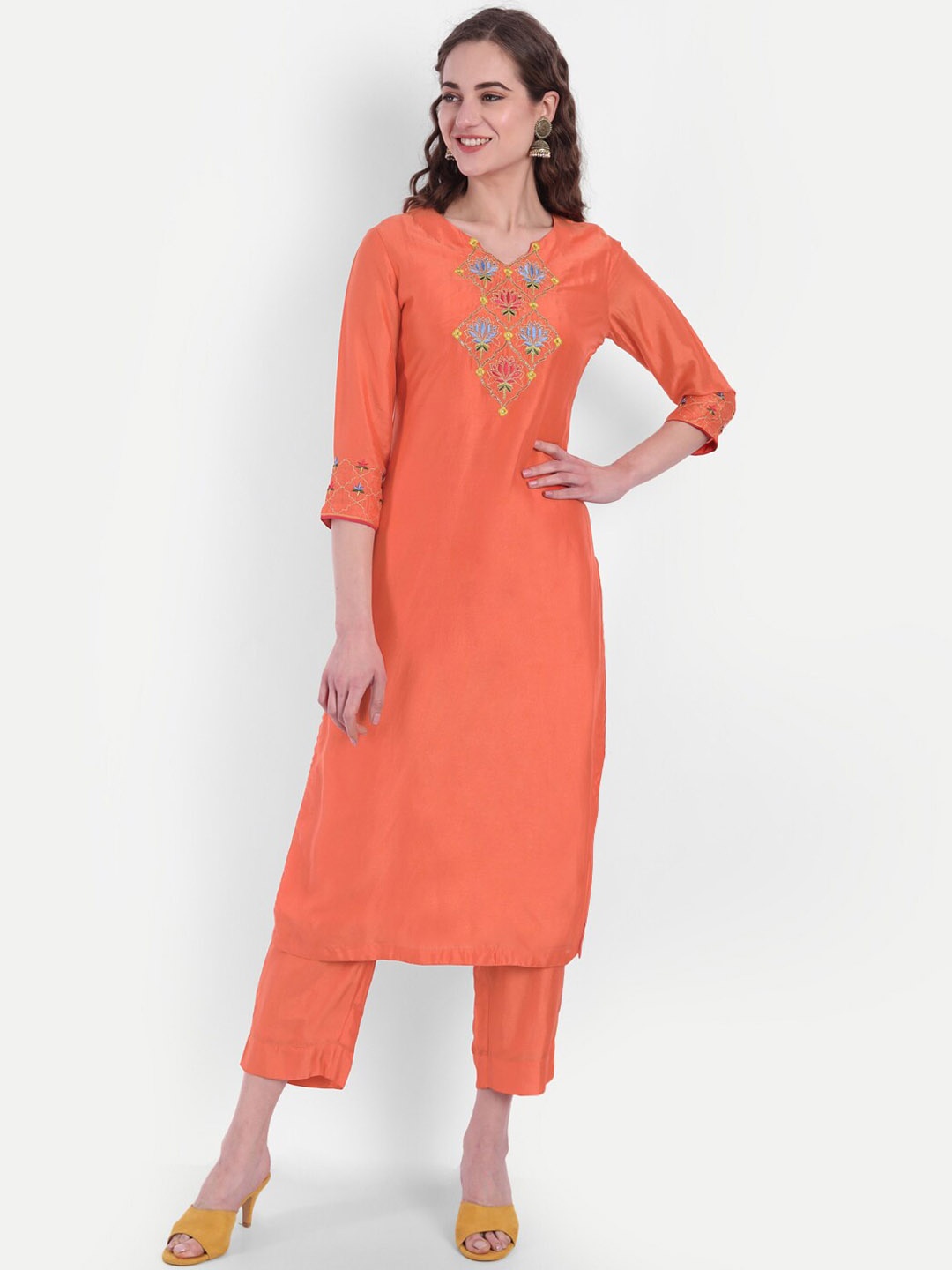

SUTI Ethnic Motifs Embroidered Regular Pure Silk Kurta with Trousers, Orange