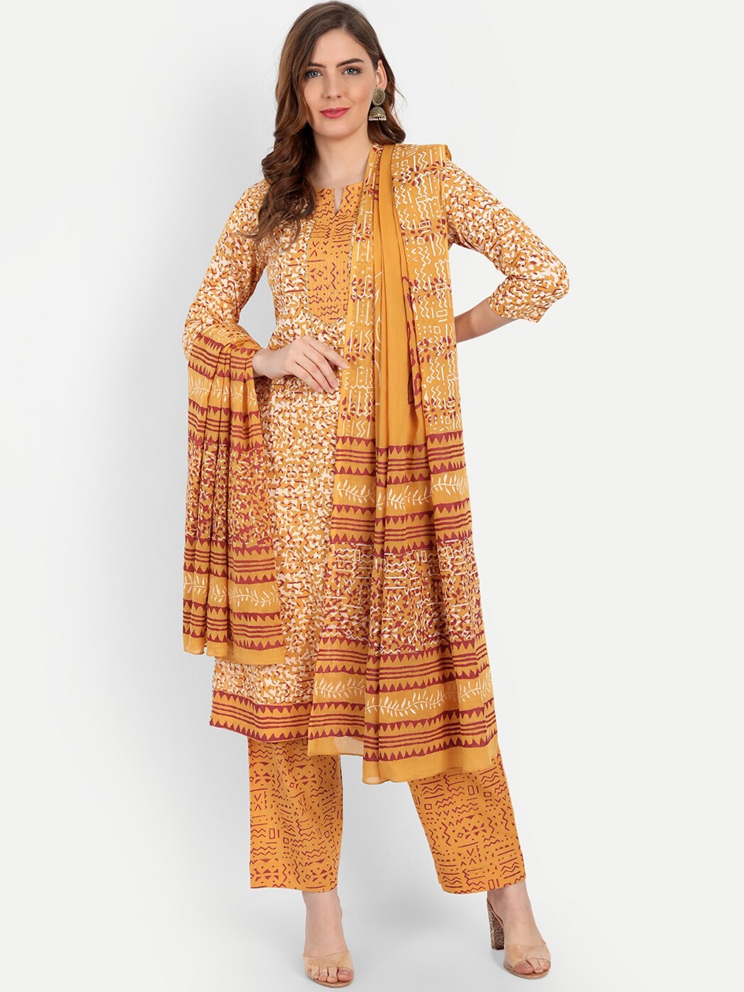 

SUTI Floral Printed Regular Pure Cotton Kurta with Trousers & With Dupatta, Mustard