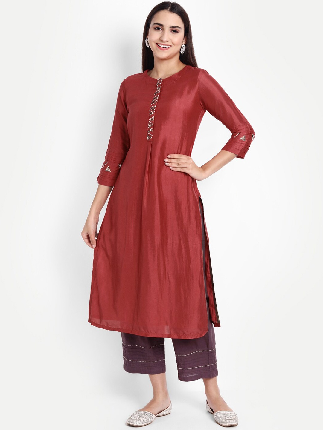 

SUTI Embroidered Straight Sequinned Pure Silk Kurta with Trousers, Red