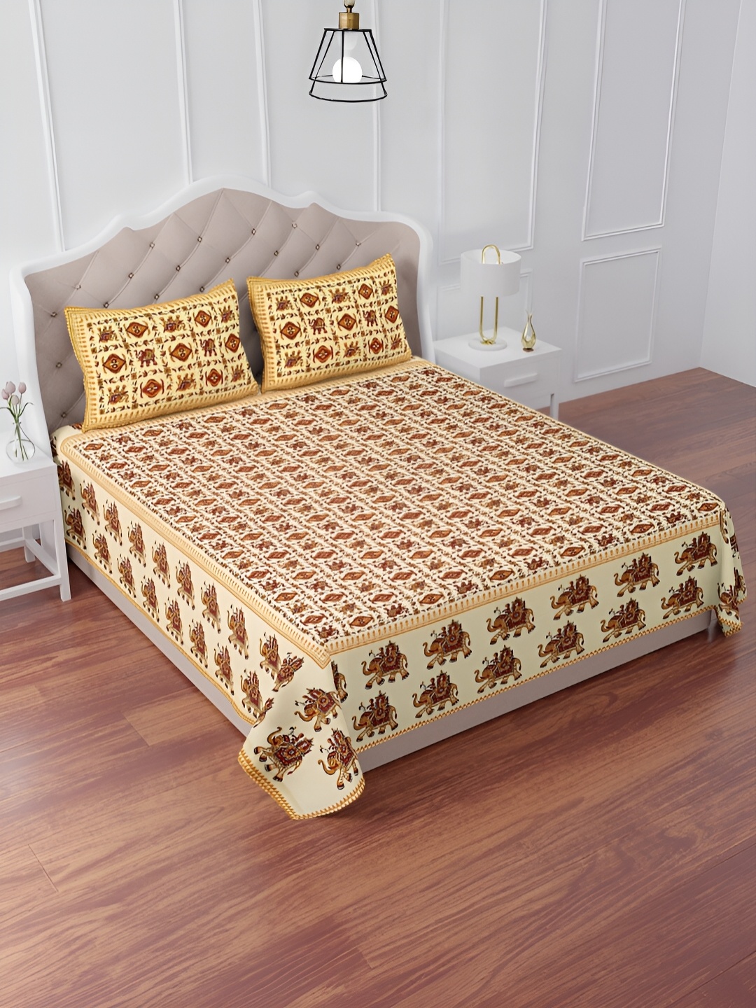 

The Craft Monk Yellow & Brown Ethnic Cotton 240 TC King Bedsheet with 2 Pillow Covers