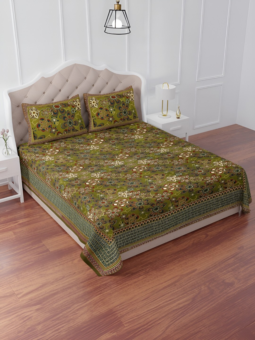 

The Craft Monk Green & Blue Floral Print Cotton 240 TC King Bedsheet with 2 Pillow Covers