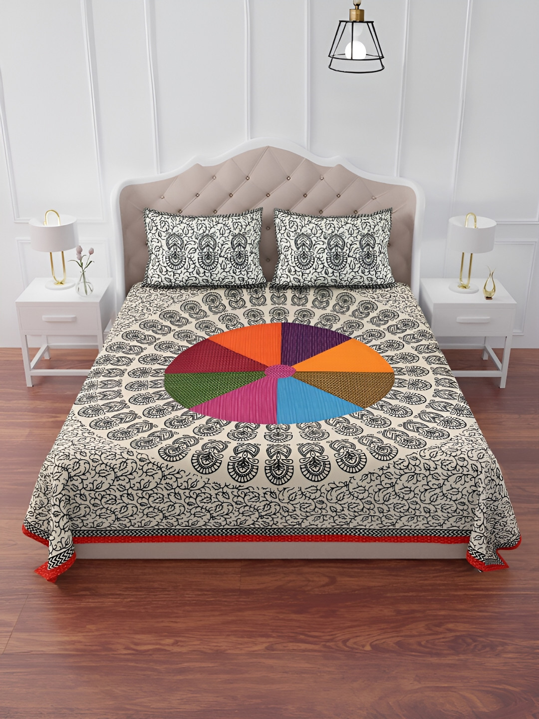 

The Craft Monk Black & White Floral Print Cotton 240 TC King Bedsheet with 2 Pillow Covers