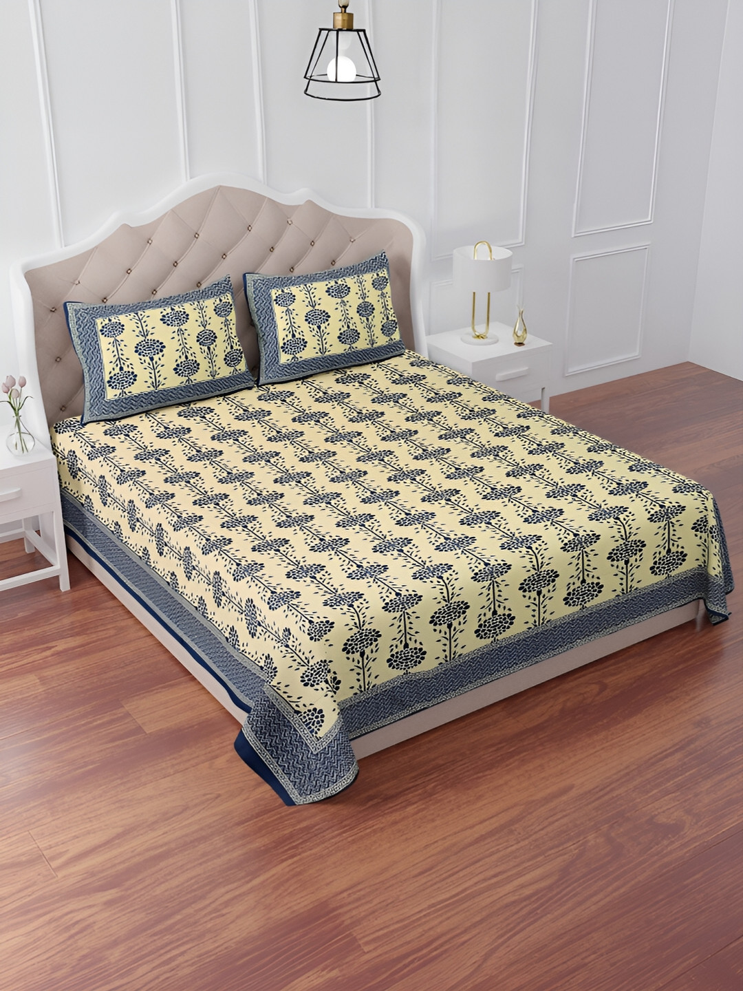 

The Craft Monk Blue & Beige Floral Print Cotton 240 TC King Bedsheet with 2 Pillow Covers
