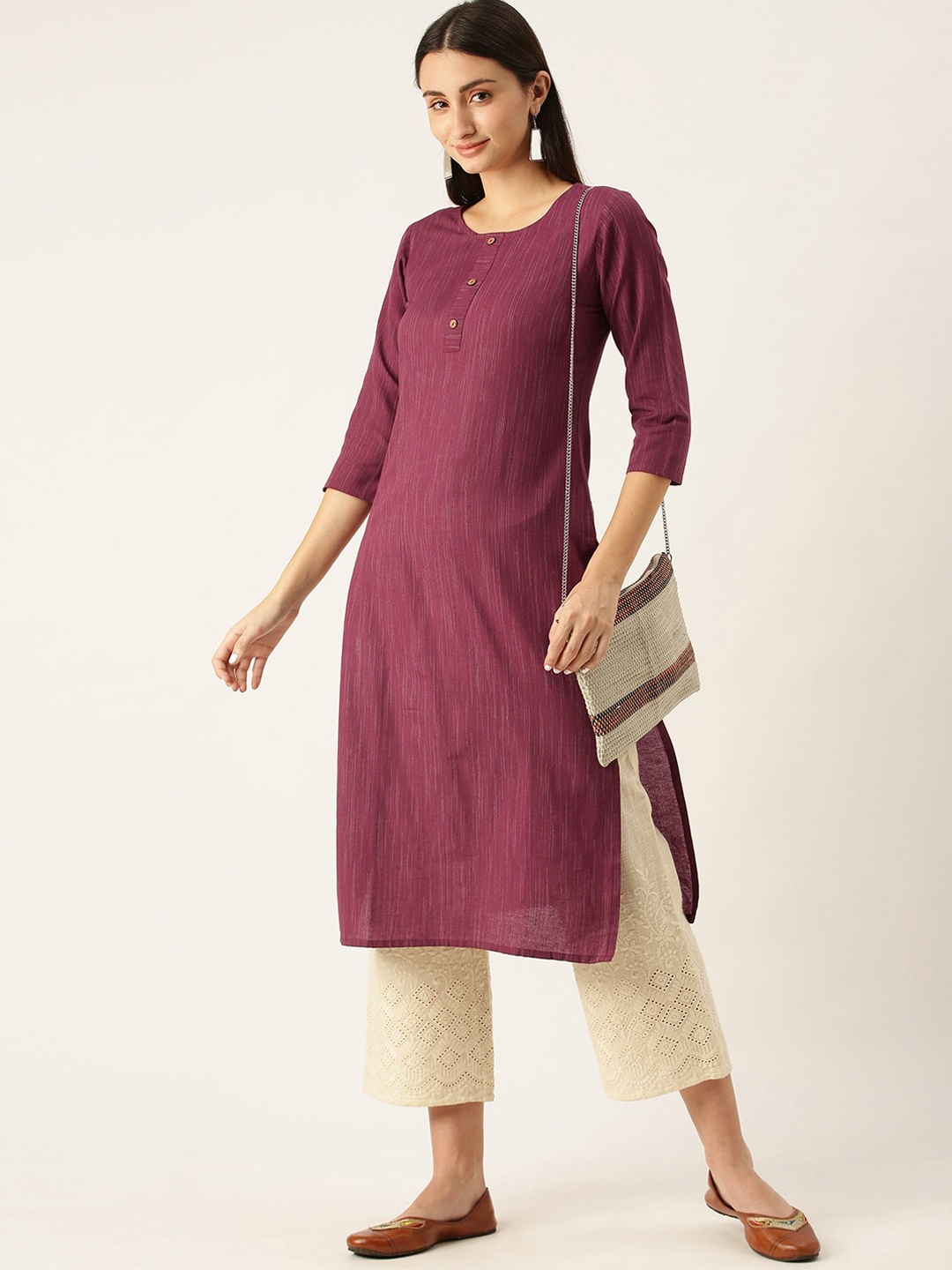 

Shaily Women Striped Kurta, Burgundy