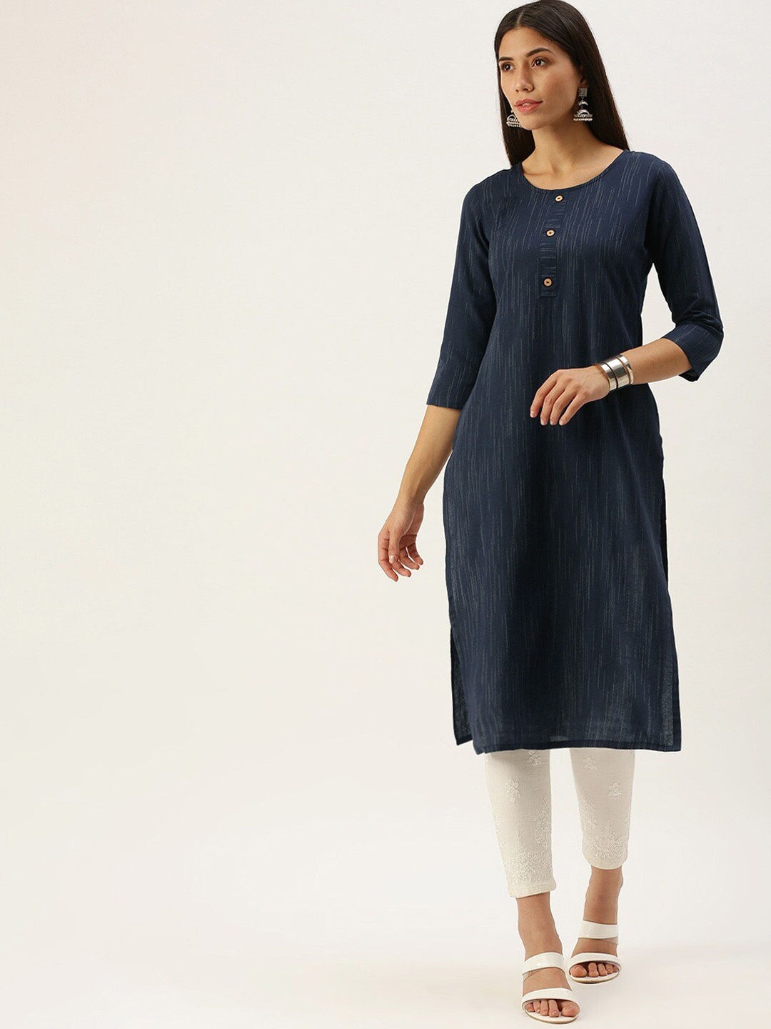 

Shaily Women Striped Keyhole Neck Mirror Work Kurta, Navy blue