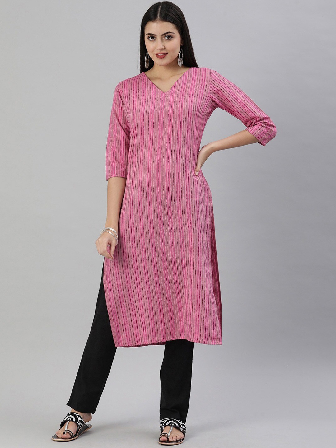 

Shaily Women Striped Flared Sleeves Thread Work Kurta, Pink