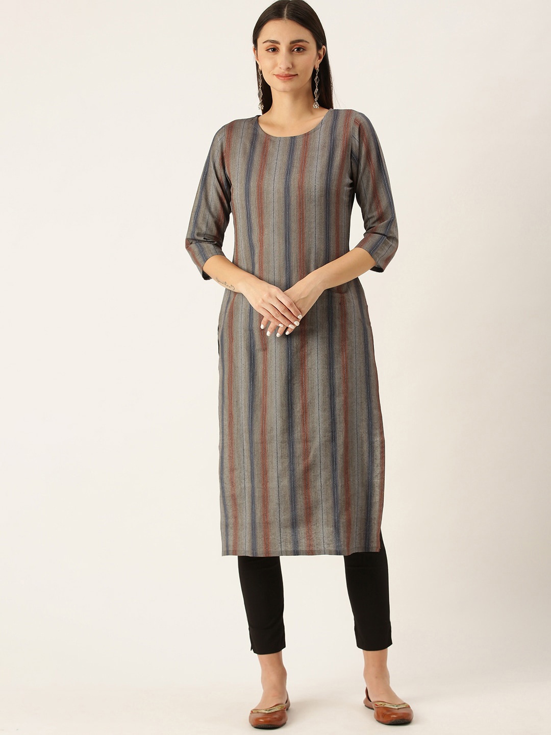 

Shaily Women Striped Keyhole Neck Sequinned Kurta, Orange