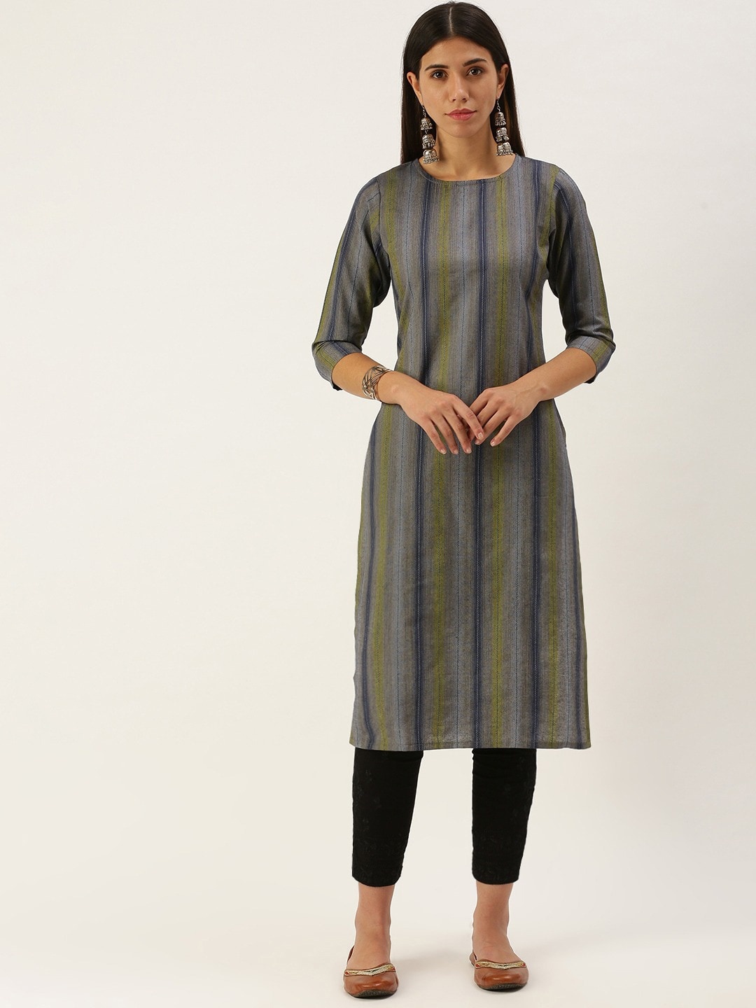 

Shaily Women Striped Keyhole Neck Thread Work Kurta, Blue