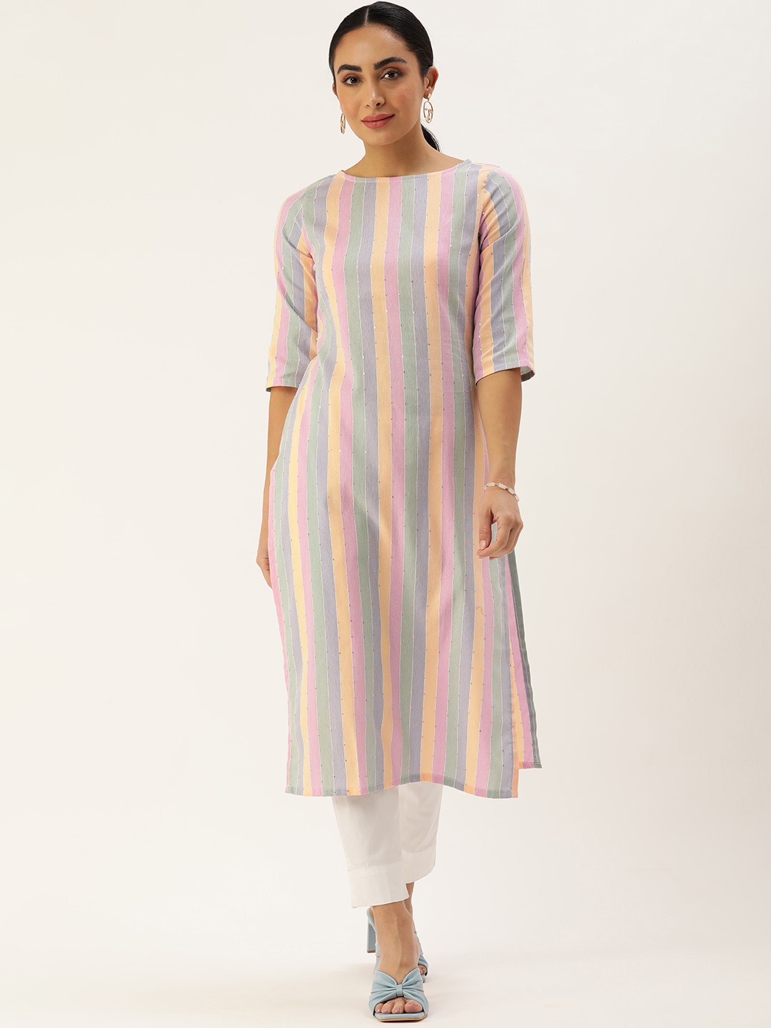 

Shaily Women Striped Flared Sleeves Thread Work Kurta, Multi