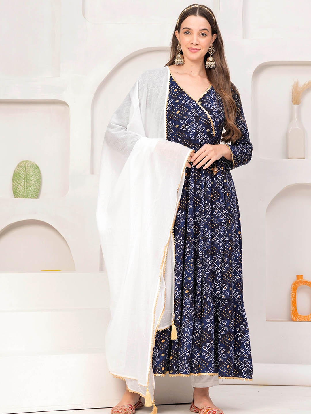 

DAEVISH Bandhani Printed Angrakha Anarkali Kurta With Trousers & Dupatta, Blue