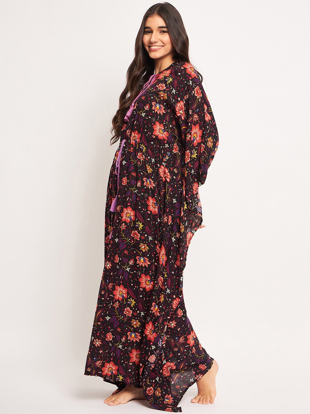 

The Kaftan Company Floral Printed Maxi Kaftan Nightdress, Black