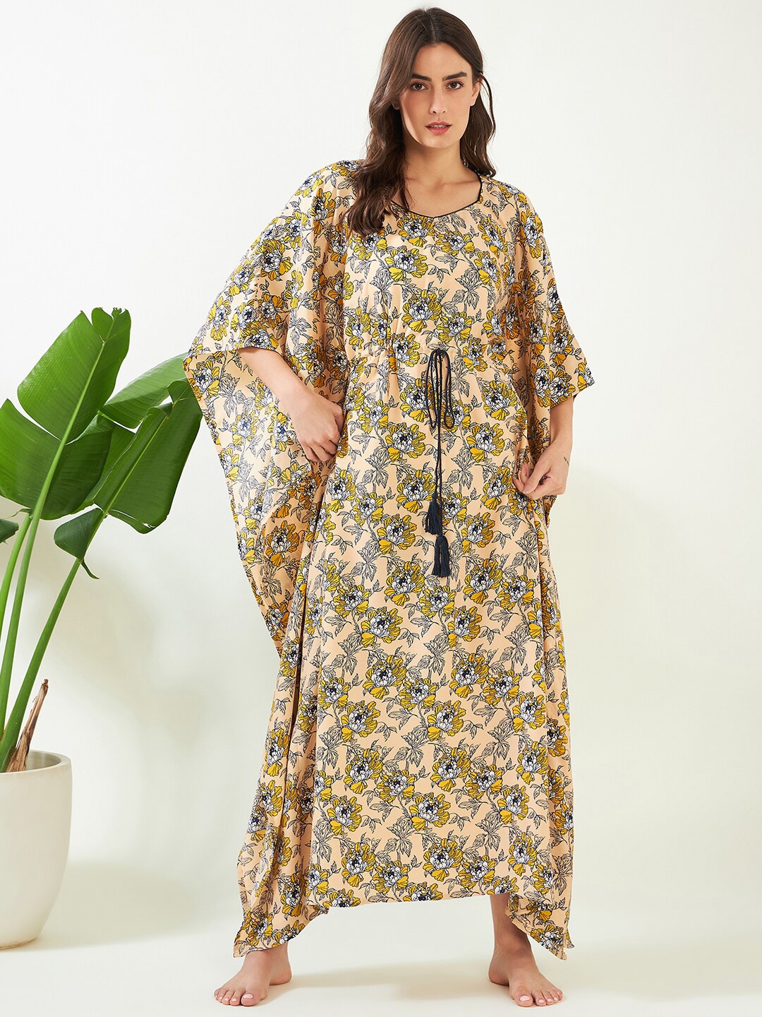 

The Kaftan Company Floral Printed Maxi Kaftan Nightdress, Beige