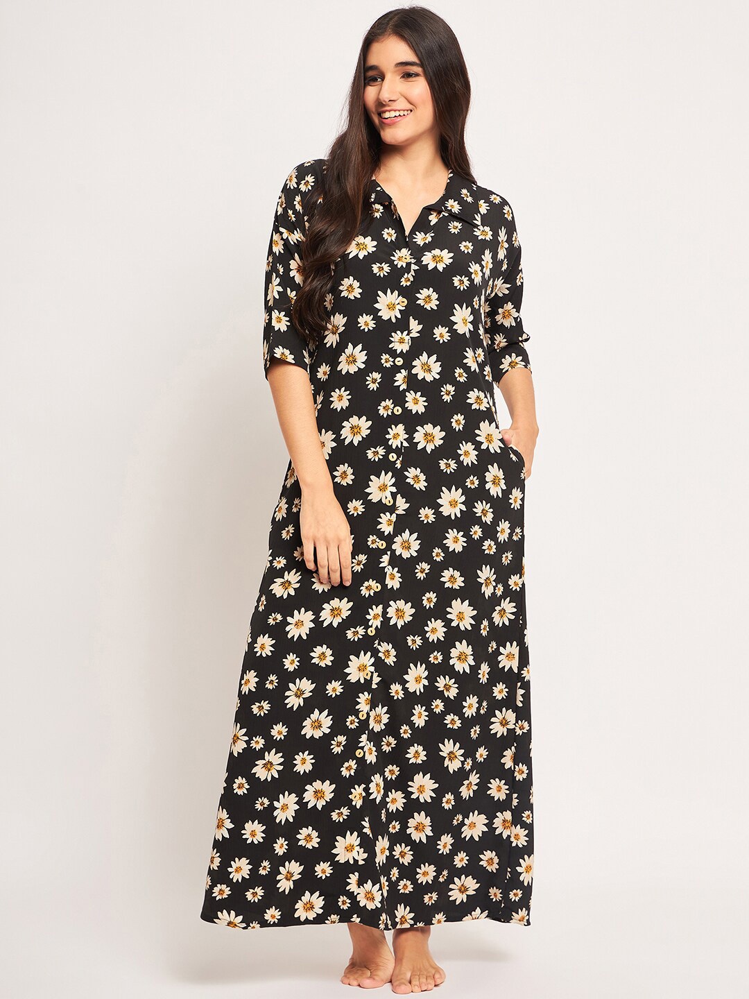 

The Kaftan Company Floral Printed Shirt Collar Maxi Nightdress, Black