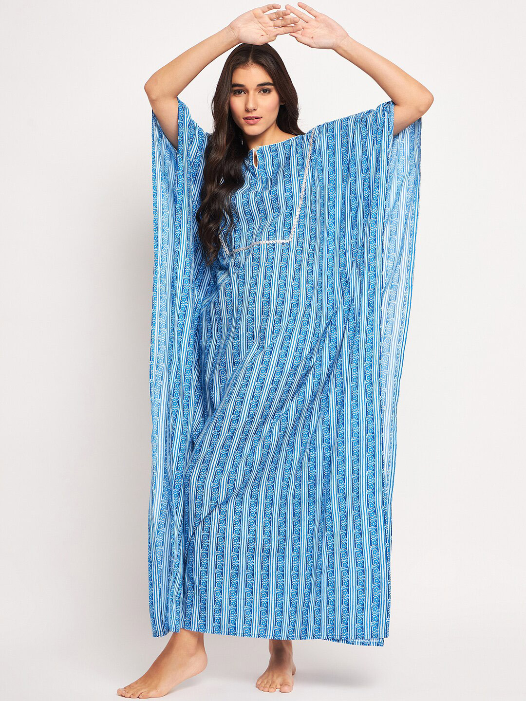 

The Kaftan Company Floral Printed Pure Cotton Maxi Nightdress, Blue