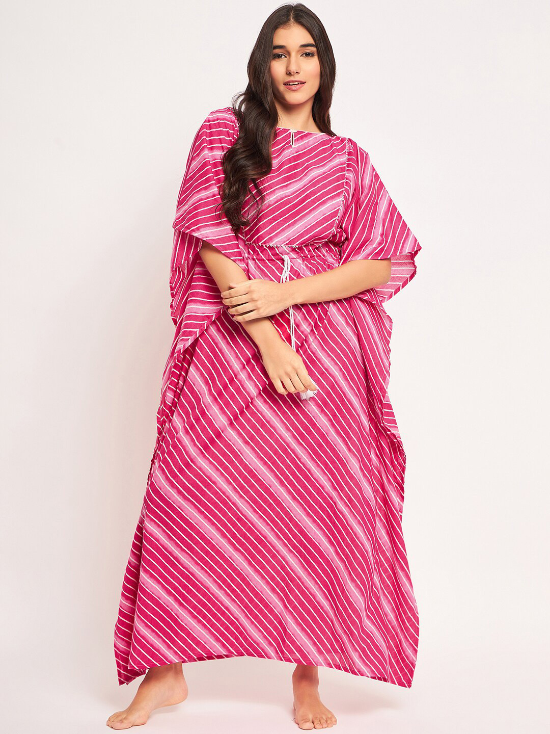 

The Kaftan Company Leheriya Printed Boat Neck Pure Cotton Maxi Kaftan Nightdress, Pink