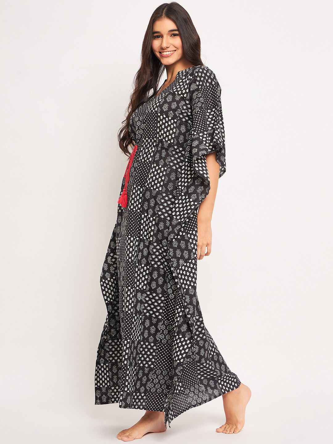 

The Kaftan Company Ethnic Motifs Printed Pure Cotton Maxi Kaftan Nightdress, Black
