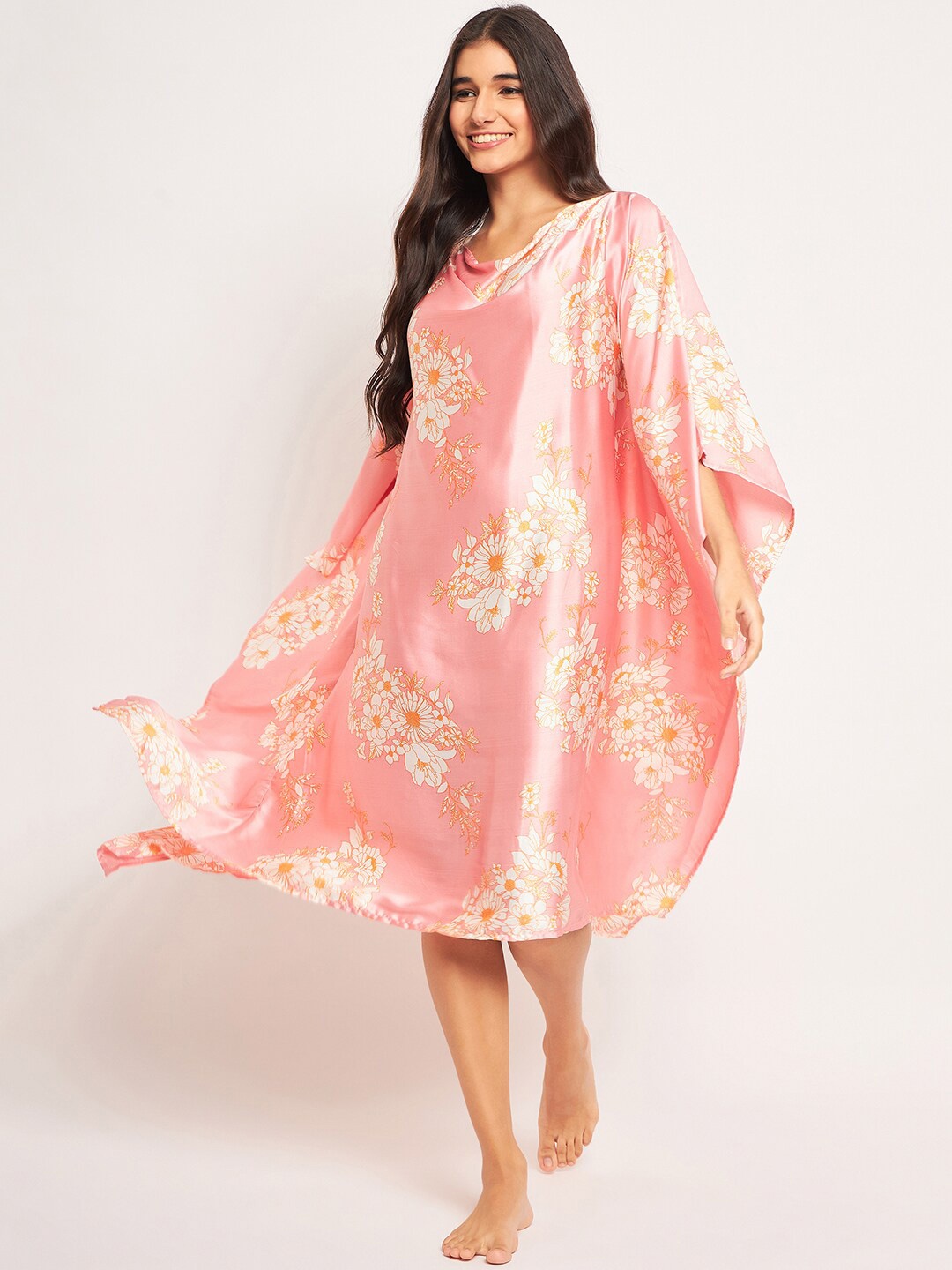 

The Kaftan Company Floral Printed Cowl Neck Satin Kaftan Nightdress, Pink