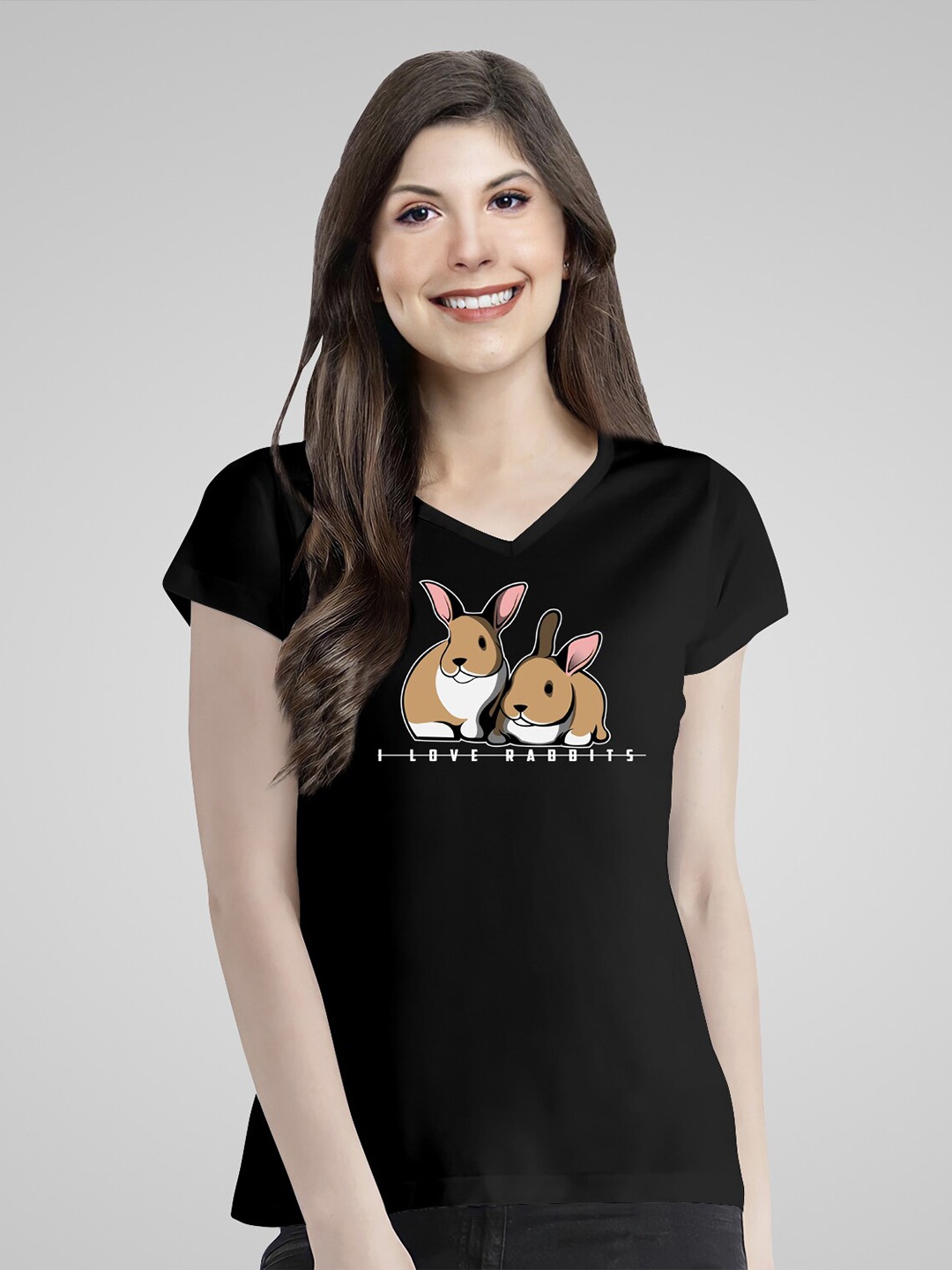 

Pootlu Women Printed V-Neck Extended Sleeves T-shirt, Black
