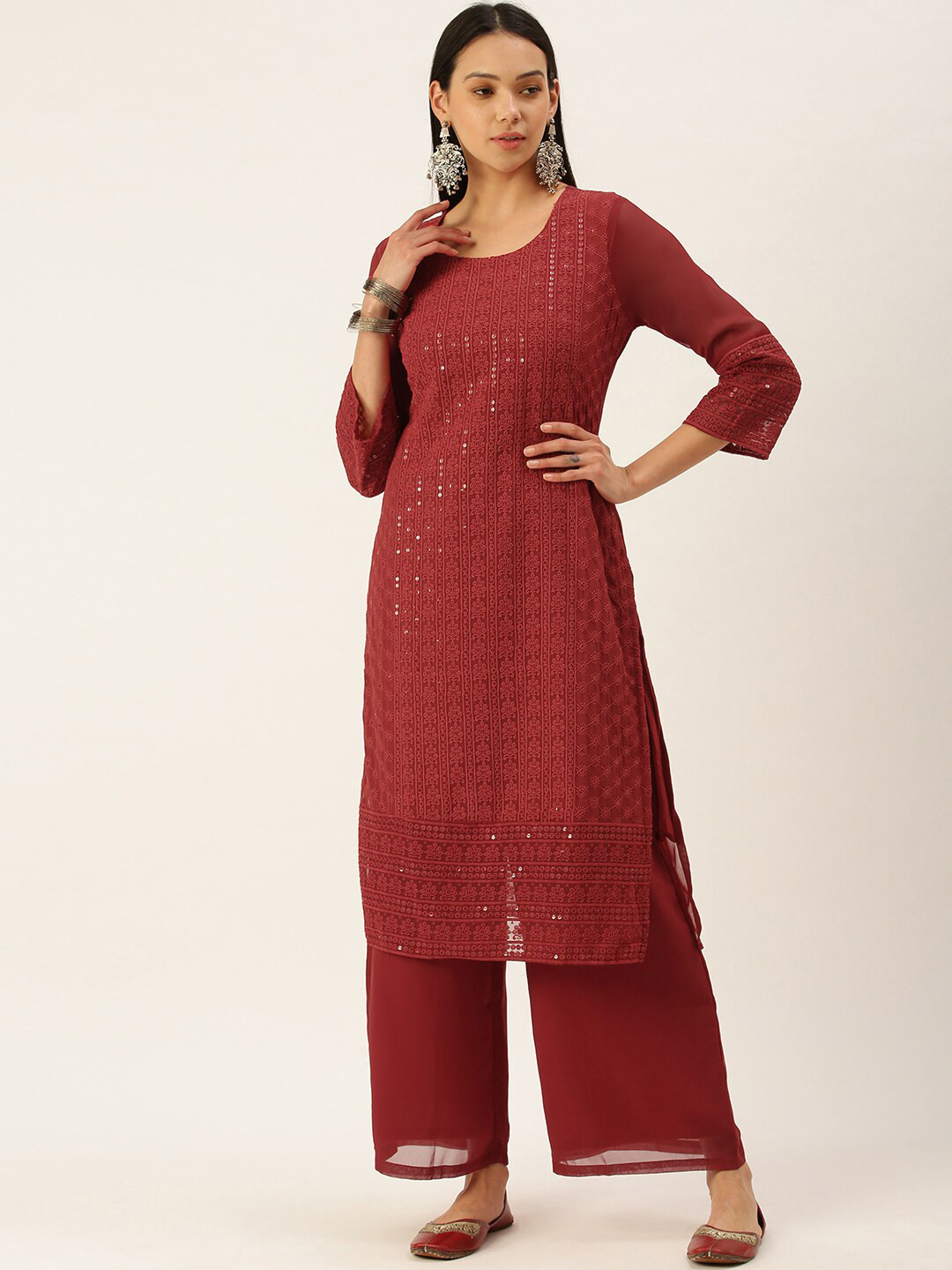 

all about you Red Ethnic Motifs Embroidered Round Neck Straight Kurta With Palazzo