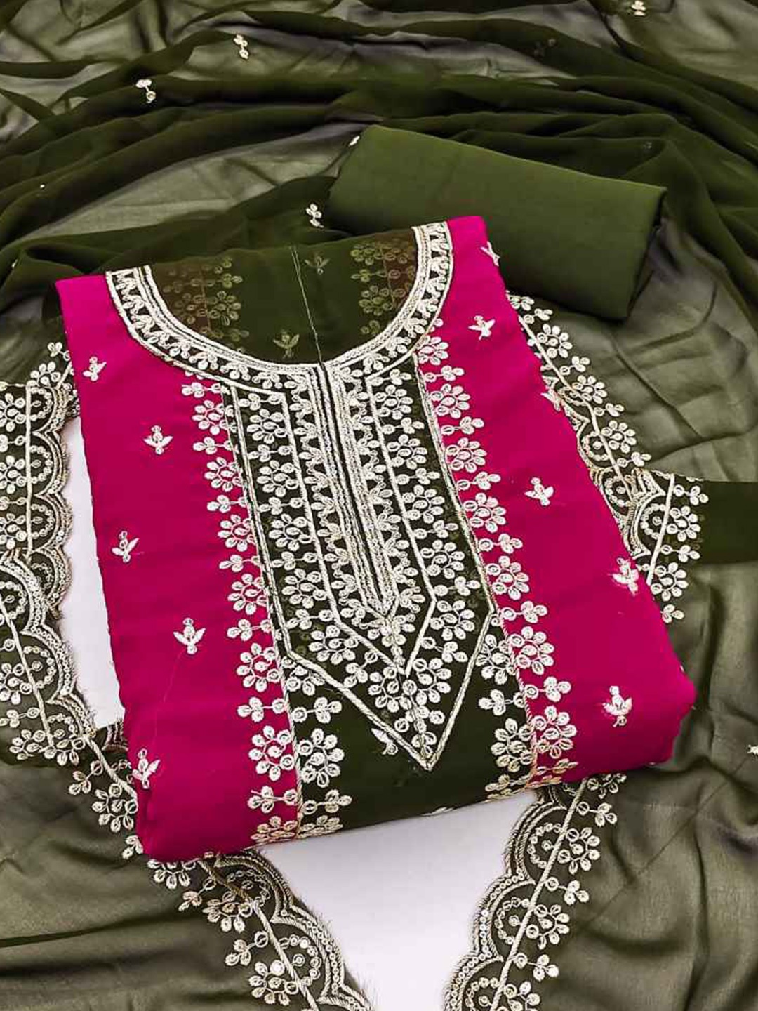 

faxofab Embroidered Silk Georgette Unstitched Dress Material, Green