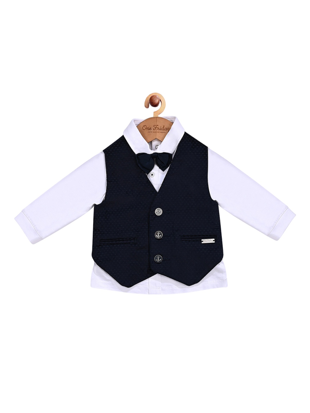 

One Friday Infant Boys Pure Cotton V-Neck Waistcoat With Shirt, Navy blue