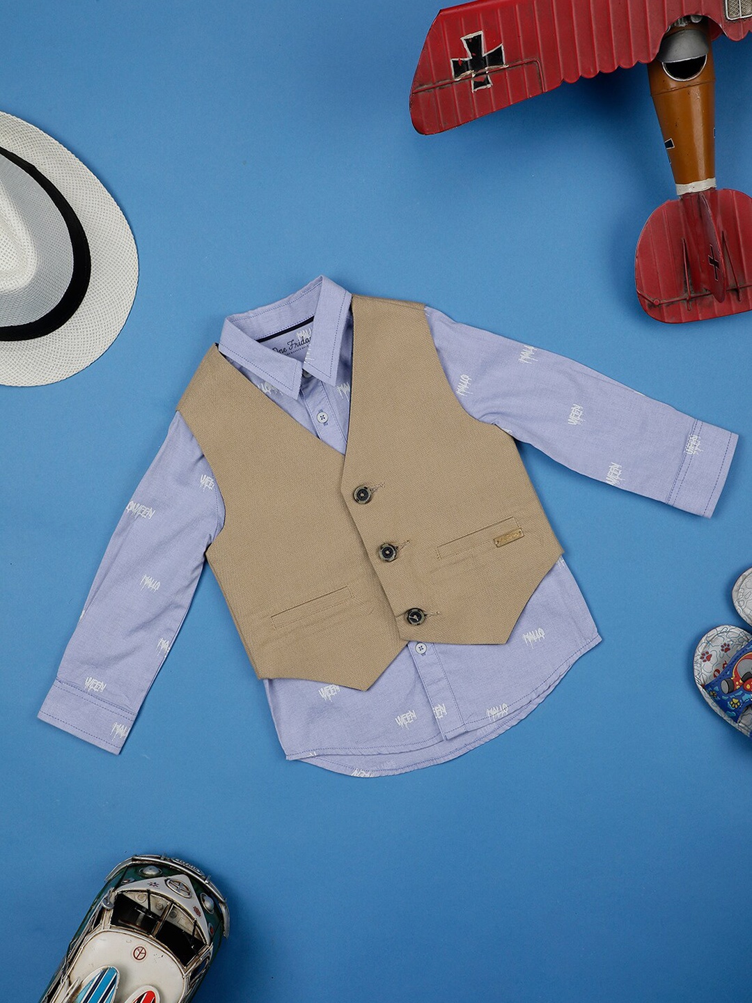 

One Friday Infant Boys Pure Cotton V-Neck Waistcoat With Shirt, Beige