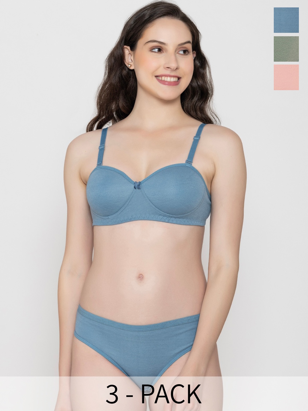 

ESOROUCHA Pack Of 3 Padded Full Coverage Lingerie Sets, Blue