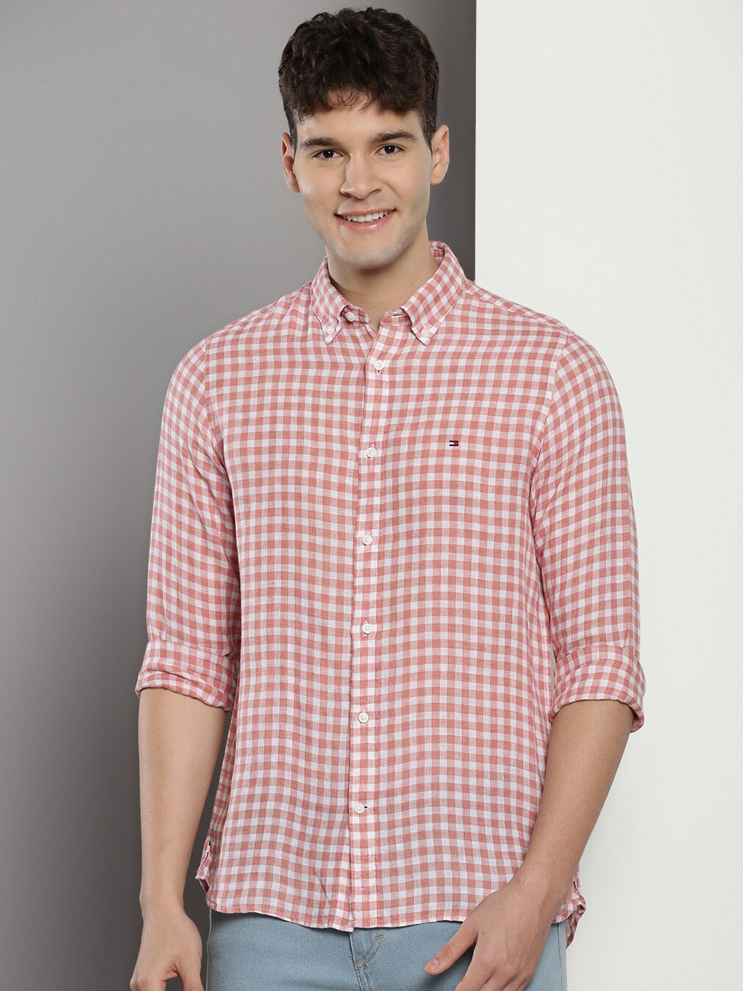 

Tommy Hilfiger Slim Fit Gingham Checked Button-Down Collar Casual Linen Shirt, Pink