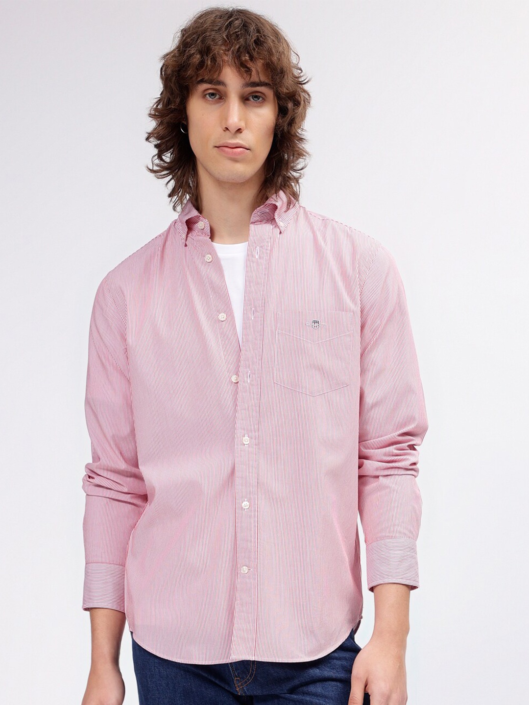 

GANT Striped Button Down Regular Fit Shirt, Pink