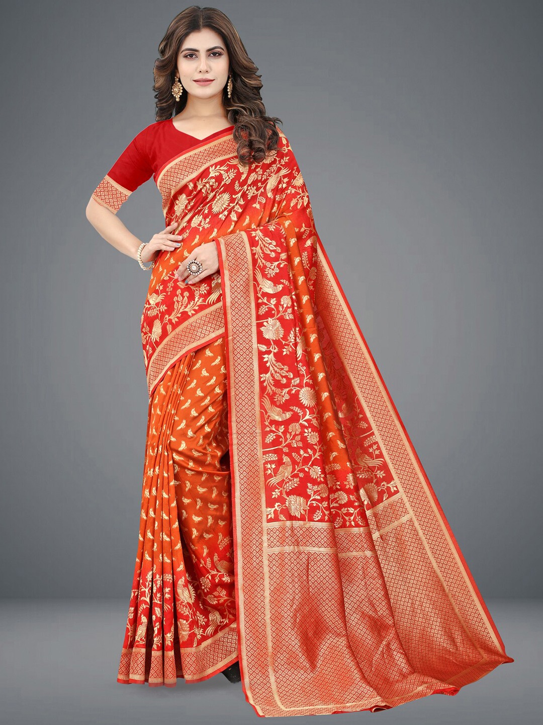 

Om Shantam Sarees Floral Woven Design Zari Kanjeevaram Saree, Red