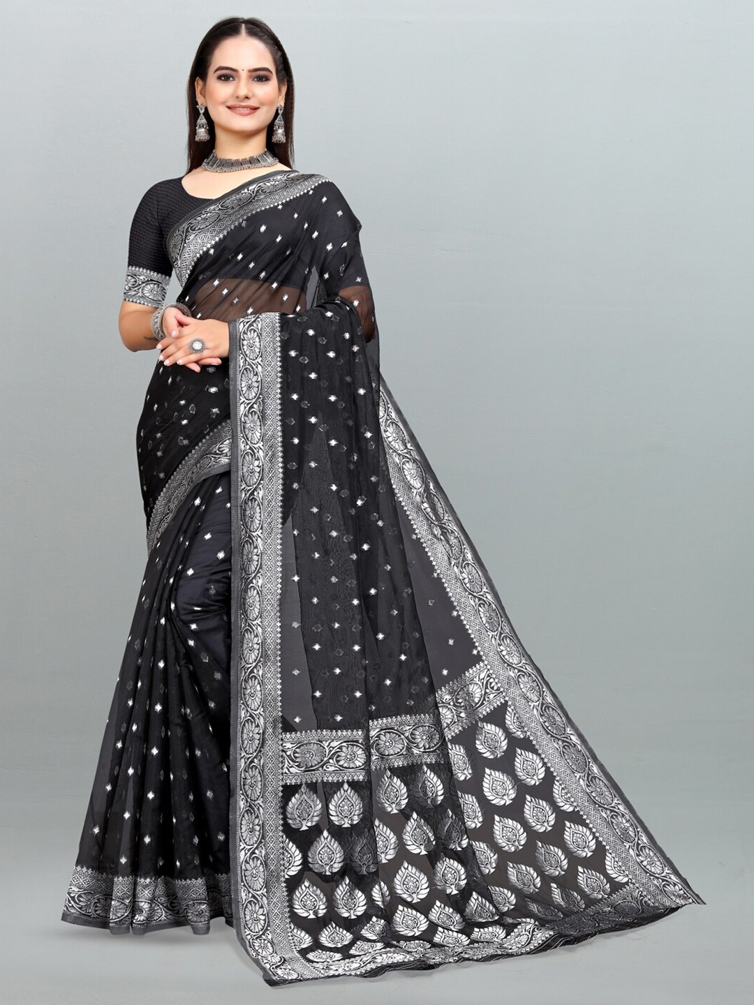 

Om Shantam Sarees Geometric Woven Design Zari Organza Mysore Silk Saree, Black