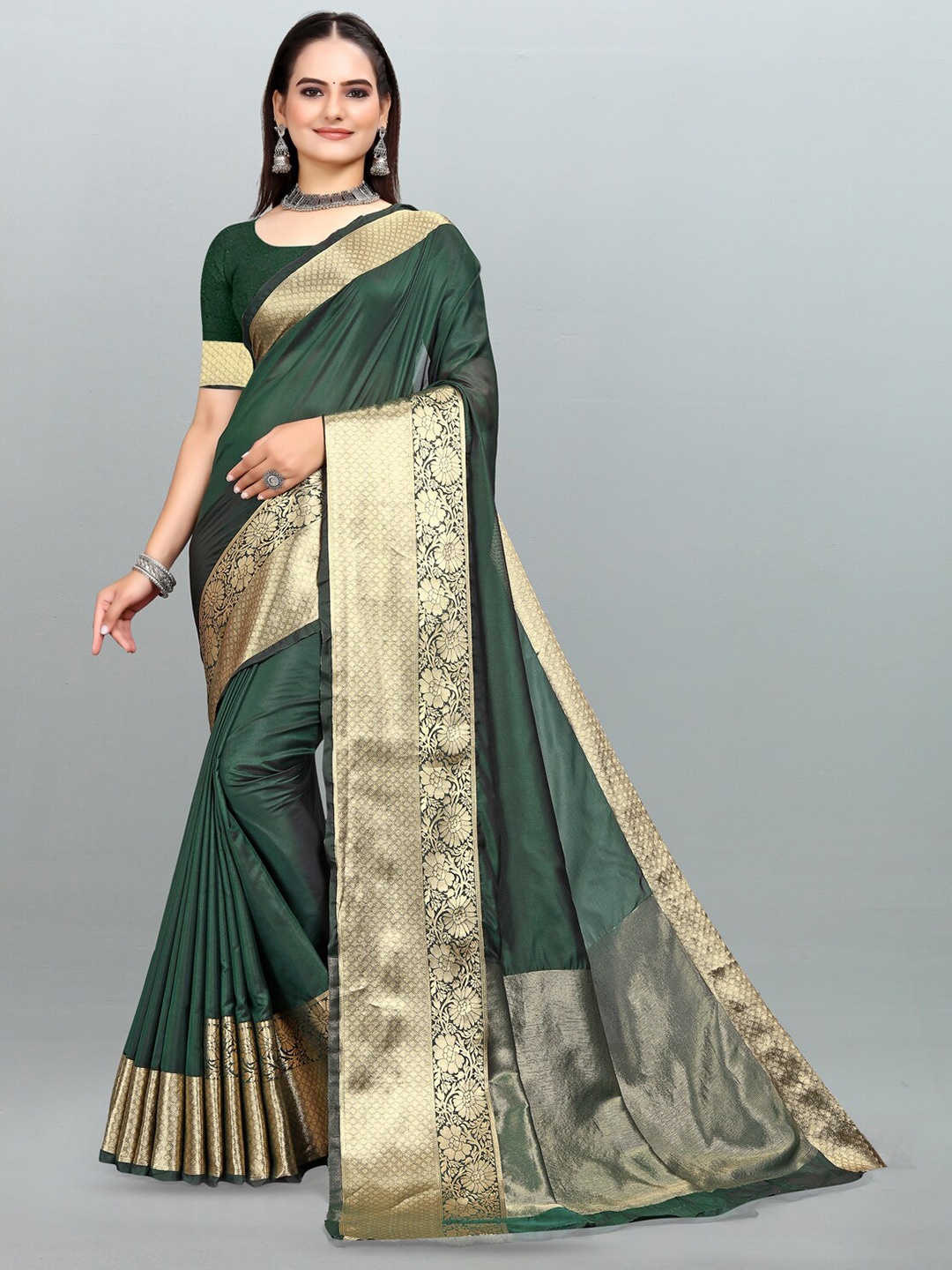 

Om Shantam Sarees Zari Organza Mysore Silk Saree, Green