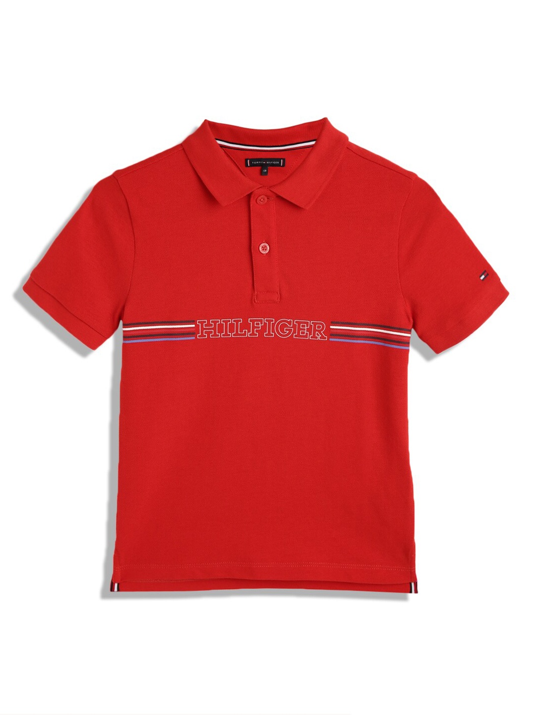 

Tommy Hilfiger Boys Polo Collar Striped Pure Cotton T-shirt, Red