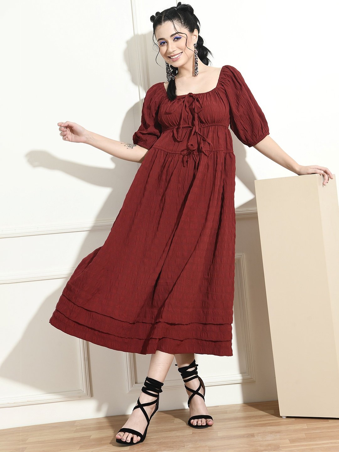 

PRETTY LOVING THING Puff Sleeve A-Line Midi Dress, Maroon