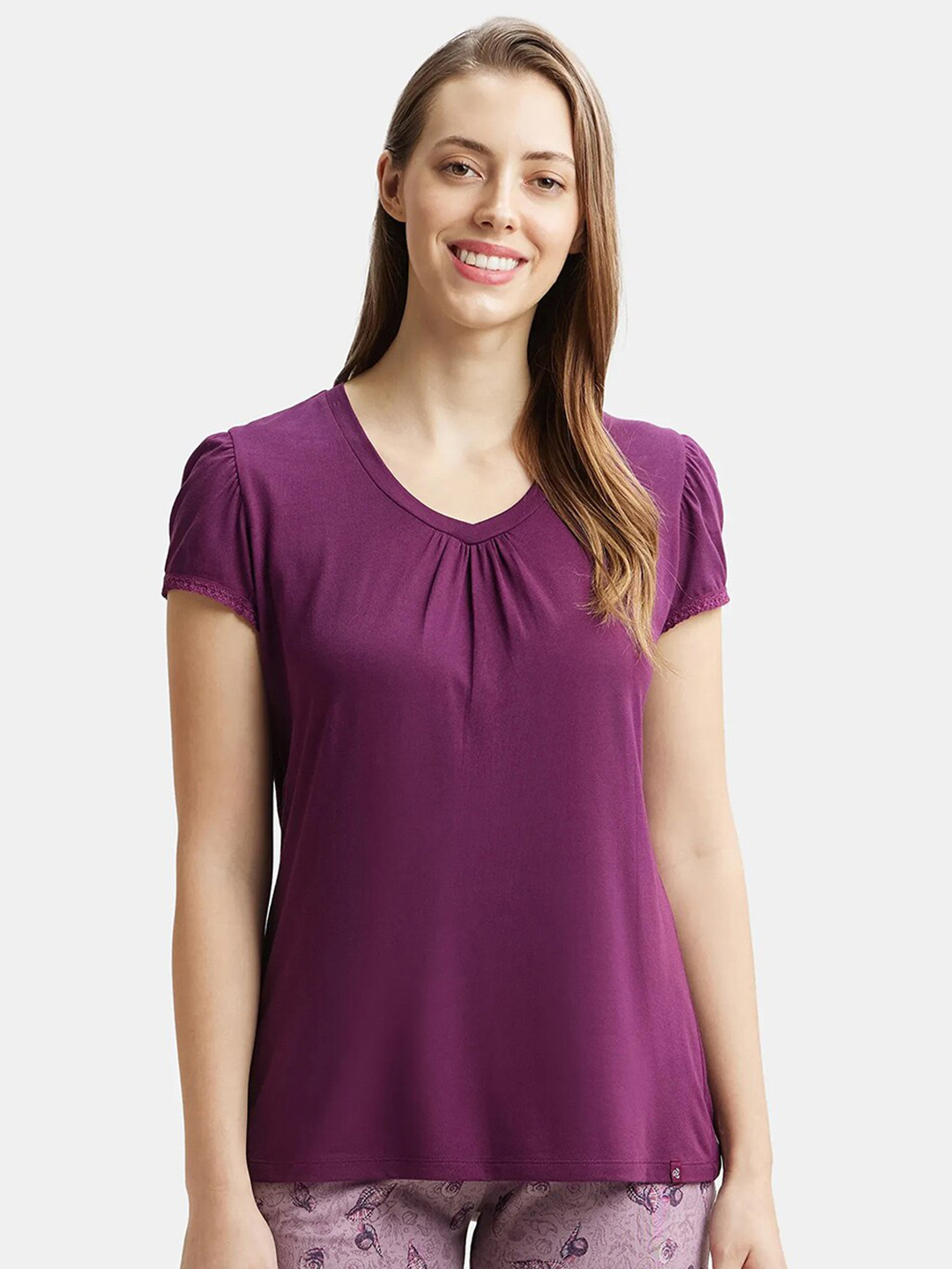 

Jockey Micro Modal Cotton Relaxed Fit Solid V Neck Half Sleeve Tshirt-RX12, Purple