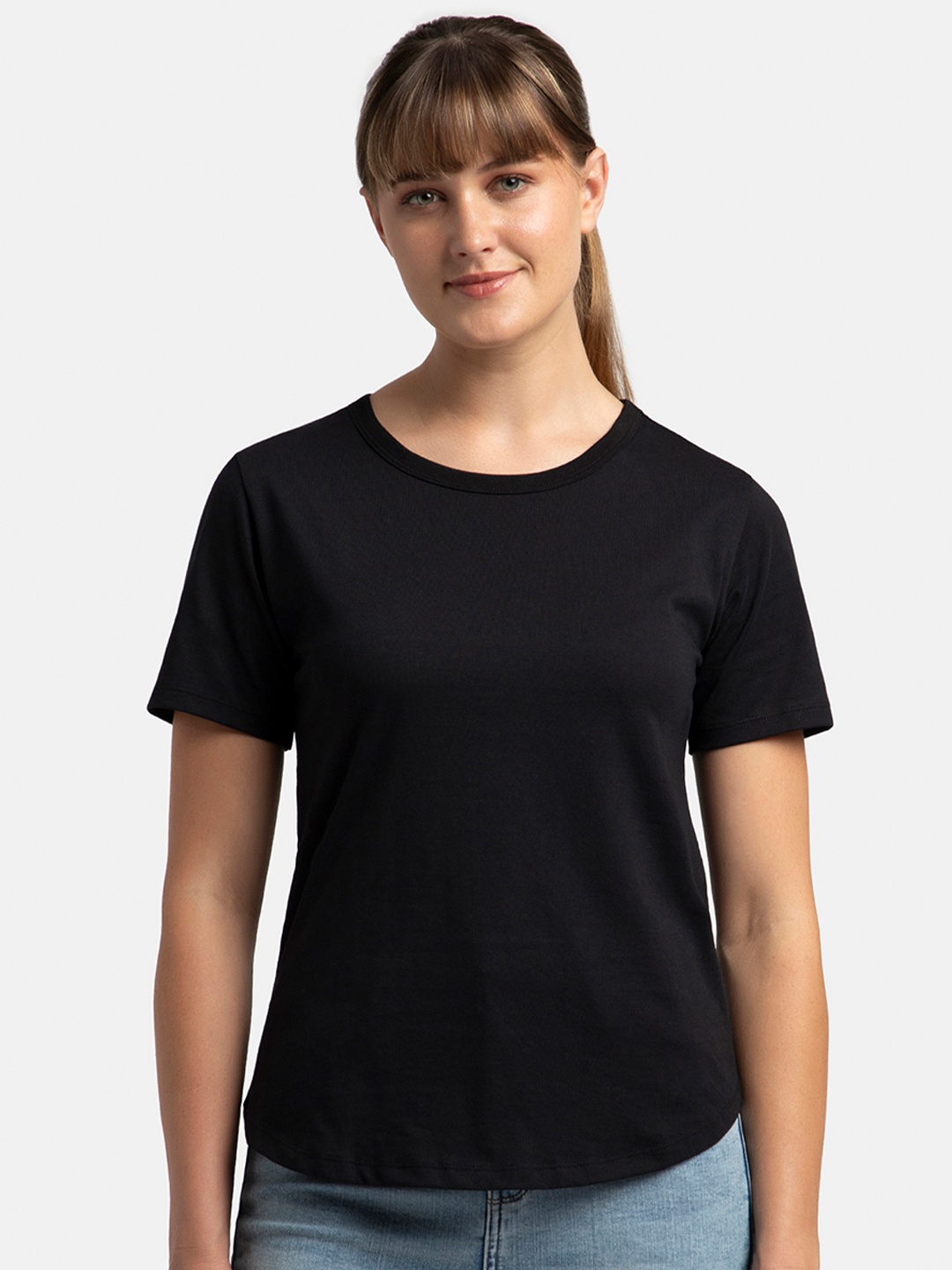

Jockey Super Combed Cotton Relaxed Fit Solid Curved Hem Styled Half Sleeve Tshirt-AW88, Black