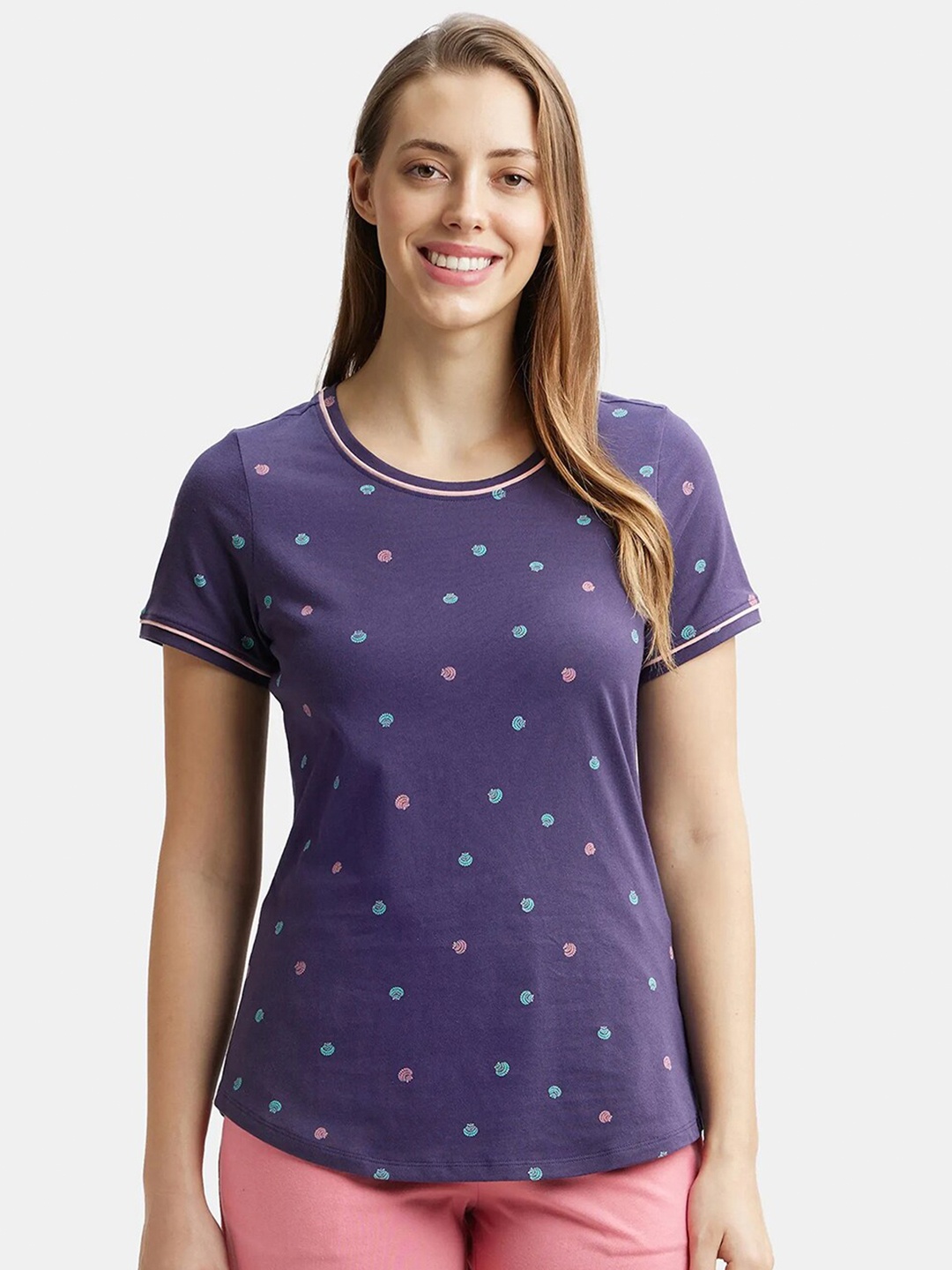

Jockey Super Combed Cotton Relaxed Fit Printed Round Neck Half Sleeve Tshirt-RX57, Purple