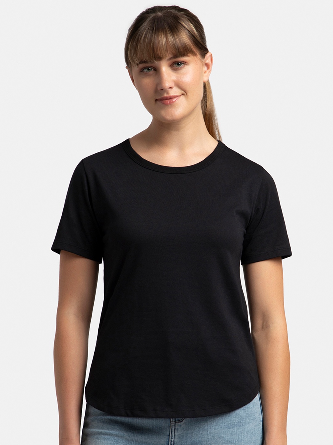 

Jockey Super Combed Cotton Relaxed Fit Solid Curved Hem Styled Half Sleeve Tshirt-AW88, Black