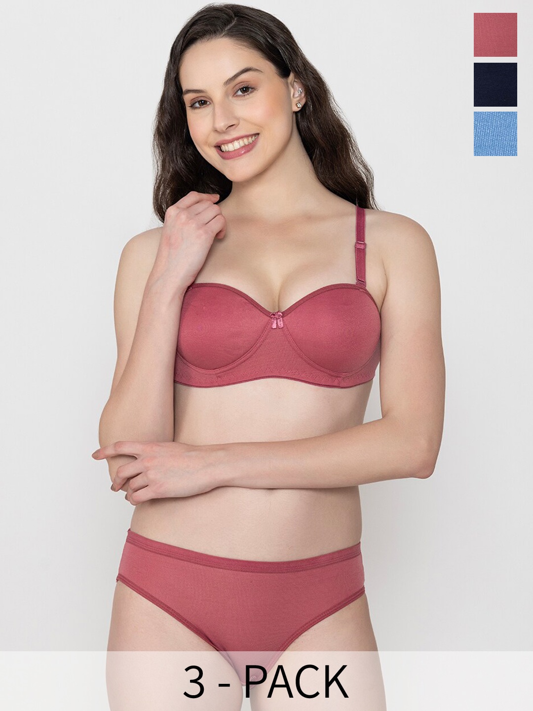 

ESOROUCHA Pack Of 3 Padded Medium Coverage Lingerie Sets, Pink