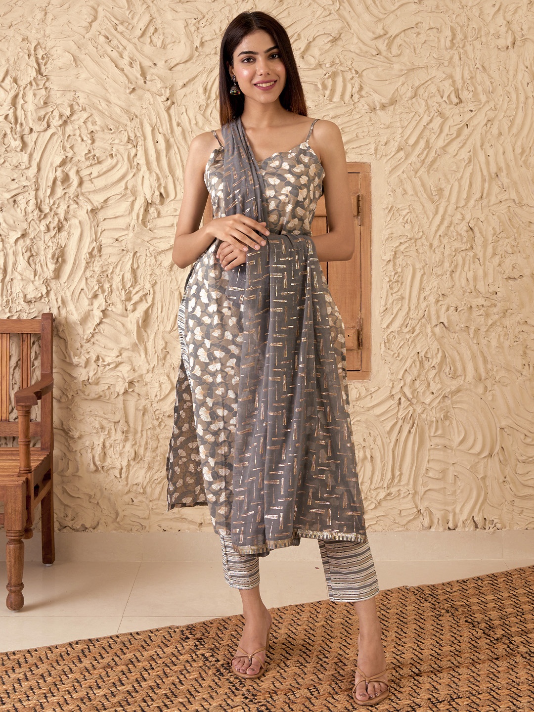 

Libas Grey Floral Printed Pure Cotton Straight Kurta With Trousers & Dupatta