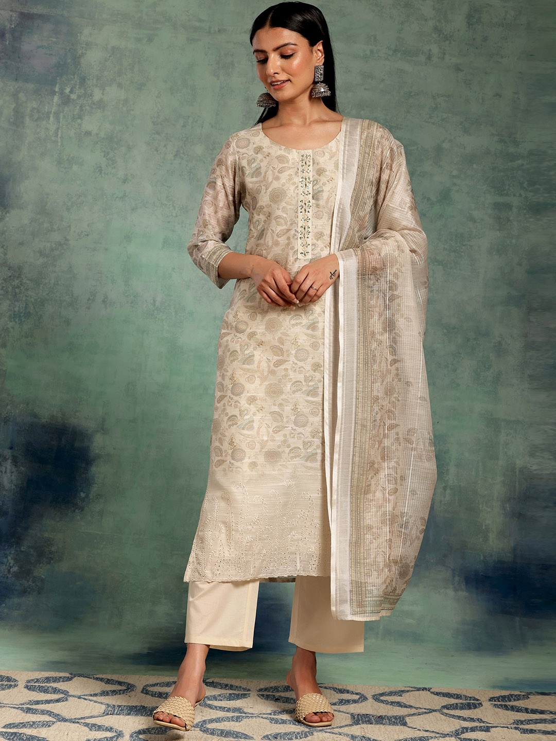 

Libas Beige Floral Printed Beads and Stones Straight Kurta With Palazzos & Dupatta