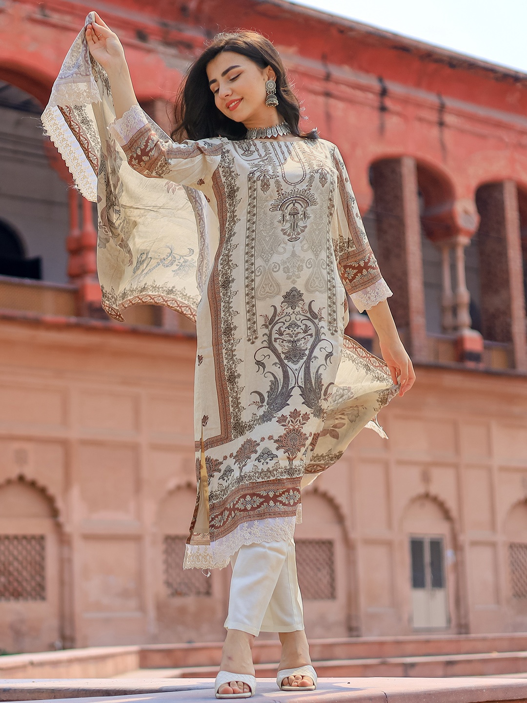 

Libas Beige Printed Ethnic Motifs Sequinned Straight Kurta With Palazzos & Dupatta