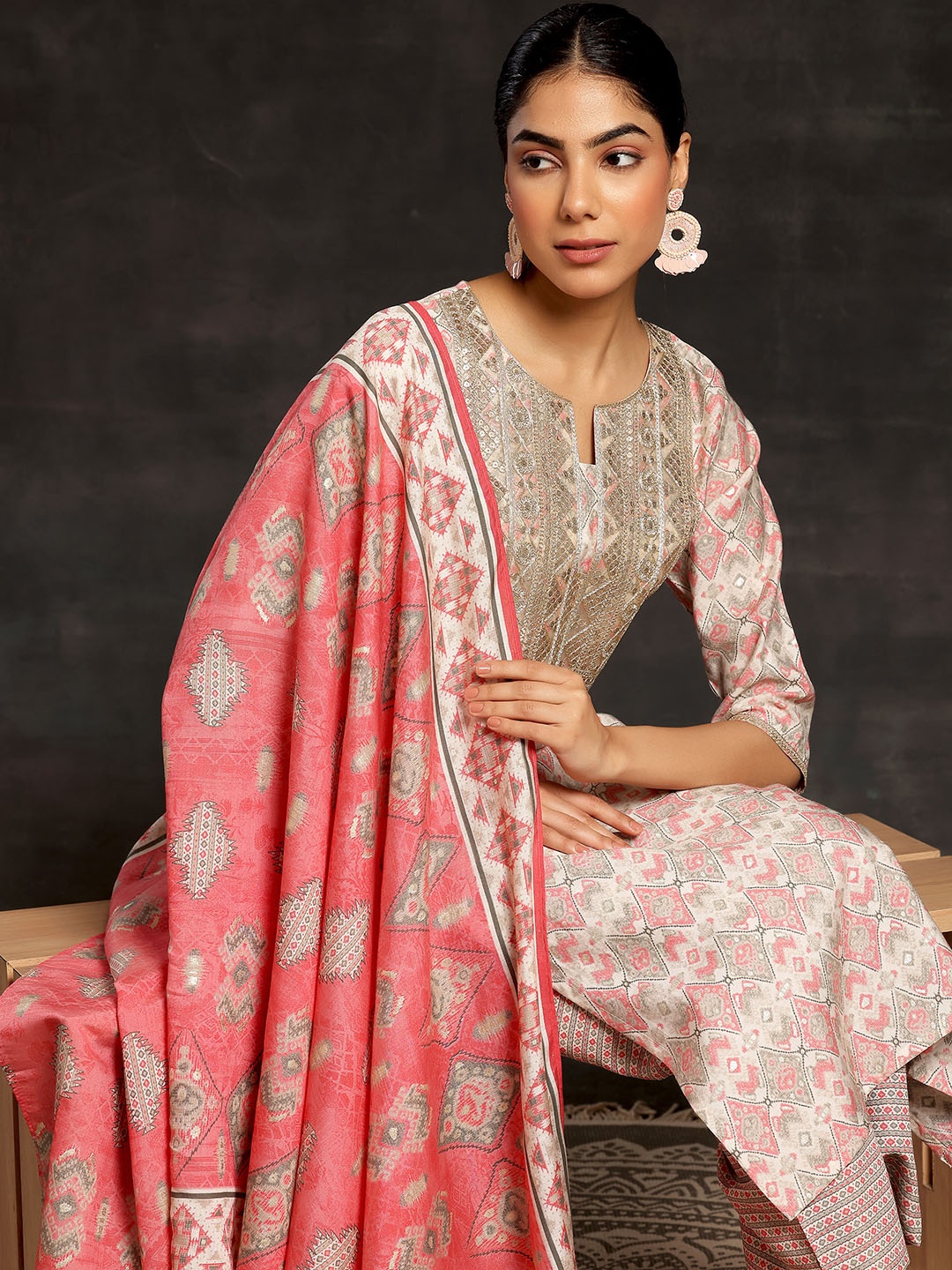 

Libas Beige Ethnic Motifs Printed Sequinned Straight Kurta With Palazzos & Dupatta