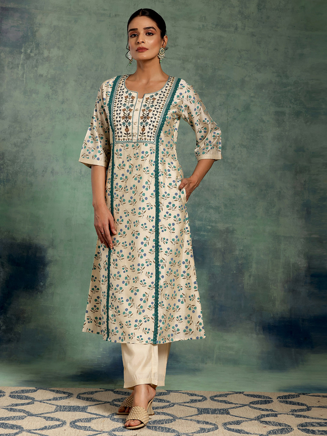

Libas Beige Floral Printed Thread Work Panelled A-Line Kurta With Palazzos