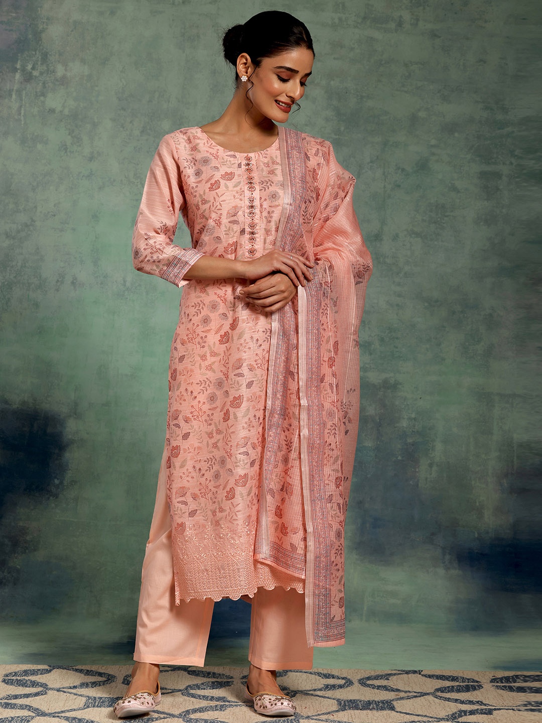 

Libas Peach Floral Printed Beads And Stones Straight Kurta With Palazzos & Dupatta